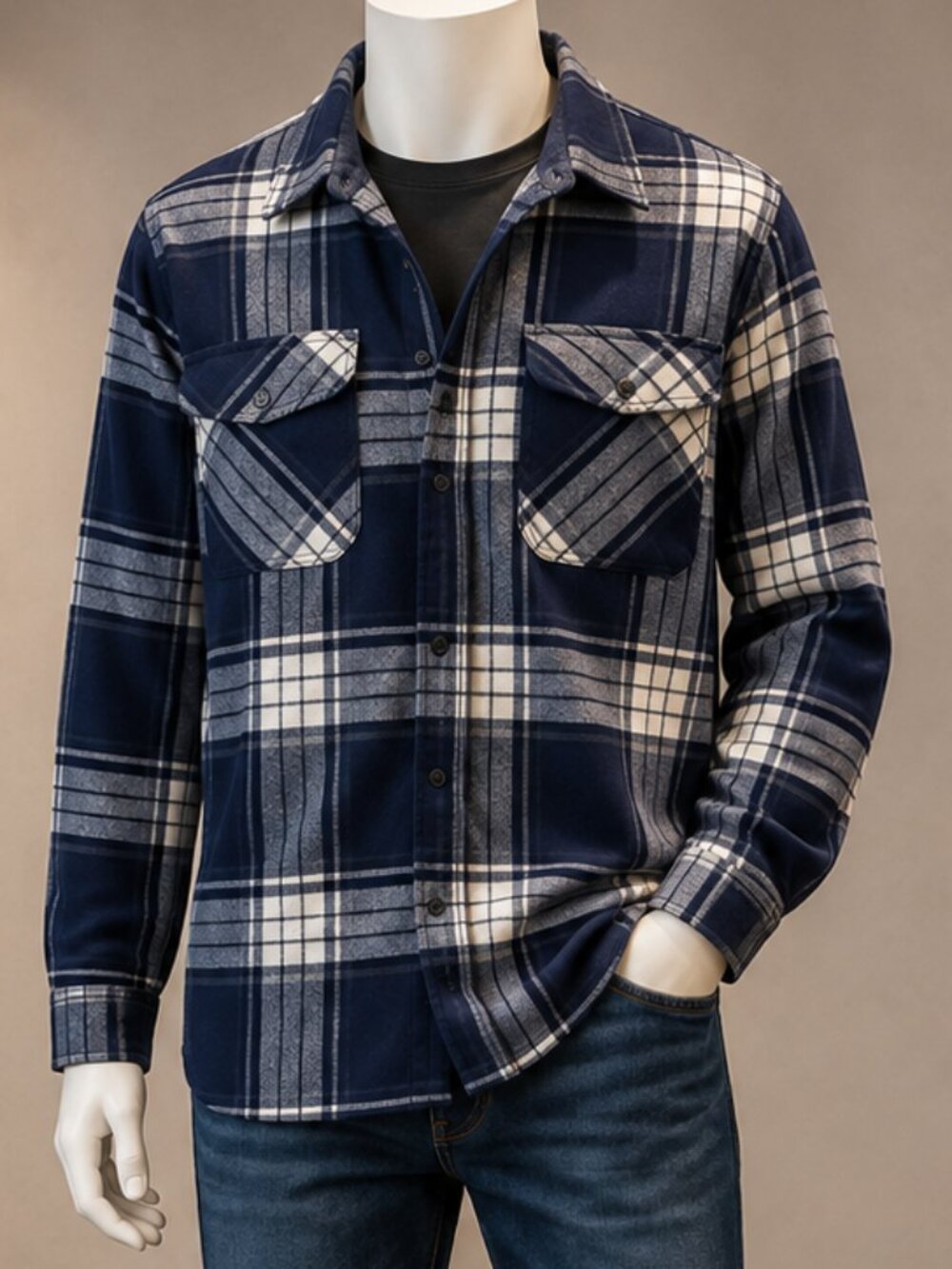 Wrangler Men’s Plaid Shirt Jacket – Navy & White – Size XL
